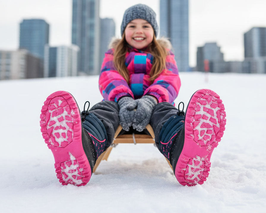 Person sitting on a sled in the snow with city skyline in the background