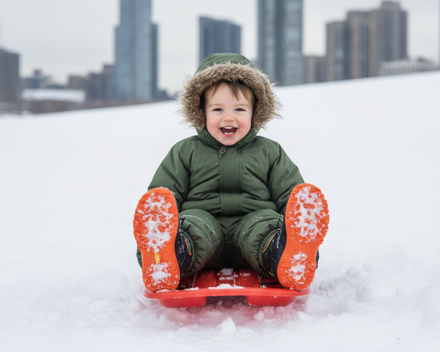 Child in a green coat and orange sled sitting in the snow with city skyline in the background
